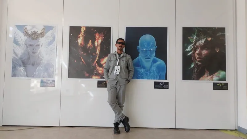 Exhibition wall with a row of AI portraits and the artist leaning against it.