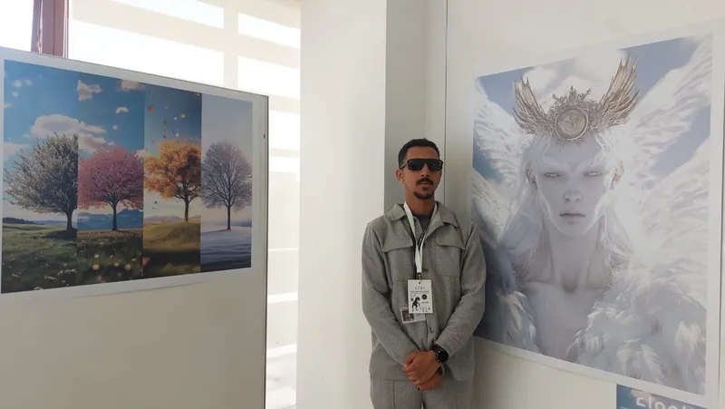 The artist between a print of colourful trees and a white winged figure.